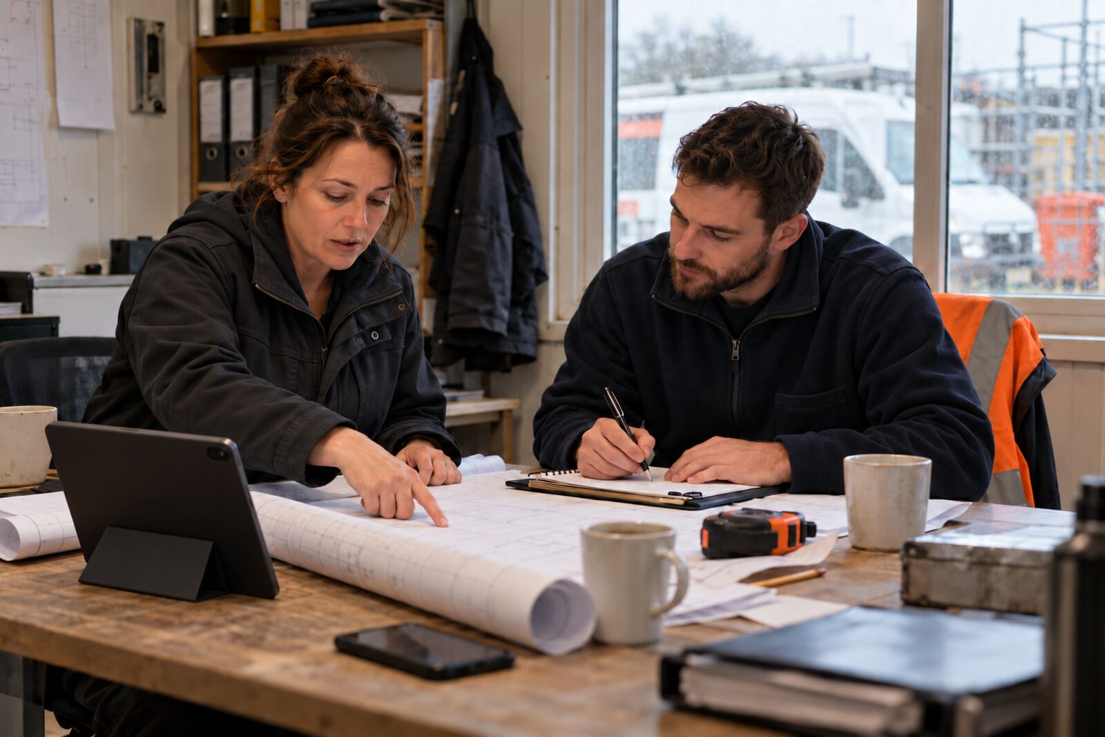 A business owner and an electrician in a site cabin, going through drawings and the week’s jobs together